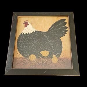 Warren Kimble Hen & Chicks Folk Art Framed Print Black Wood Frame 12x12